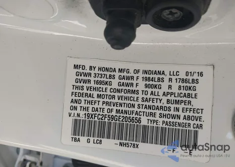 2016 Honda Civic Lx из США, поврежденный, VIN 19XFC2F59GE205656